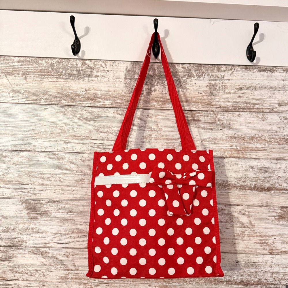 Red White Polka Dot Tote Bag with Bow Reusable Gift Shopping Bag